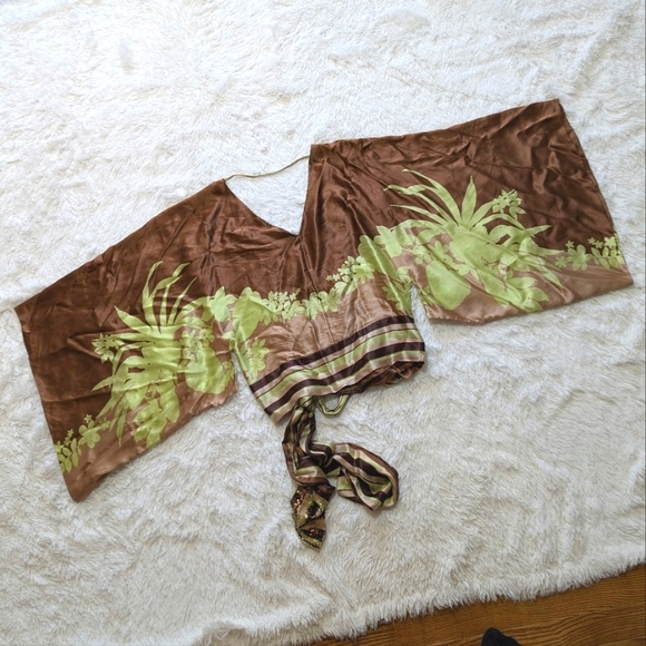 Y2K Victoria's Secret 100% Silk Brown & Green Kimono Wrap Top - Picture 9 of 16